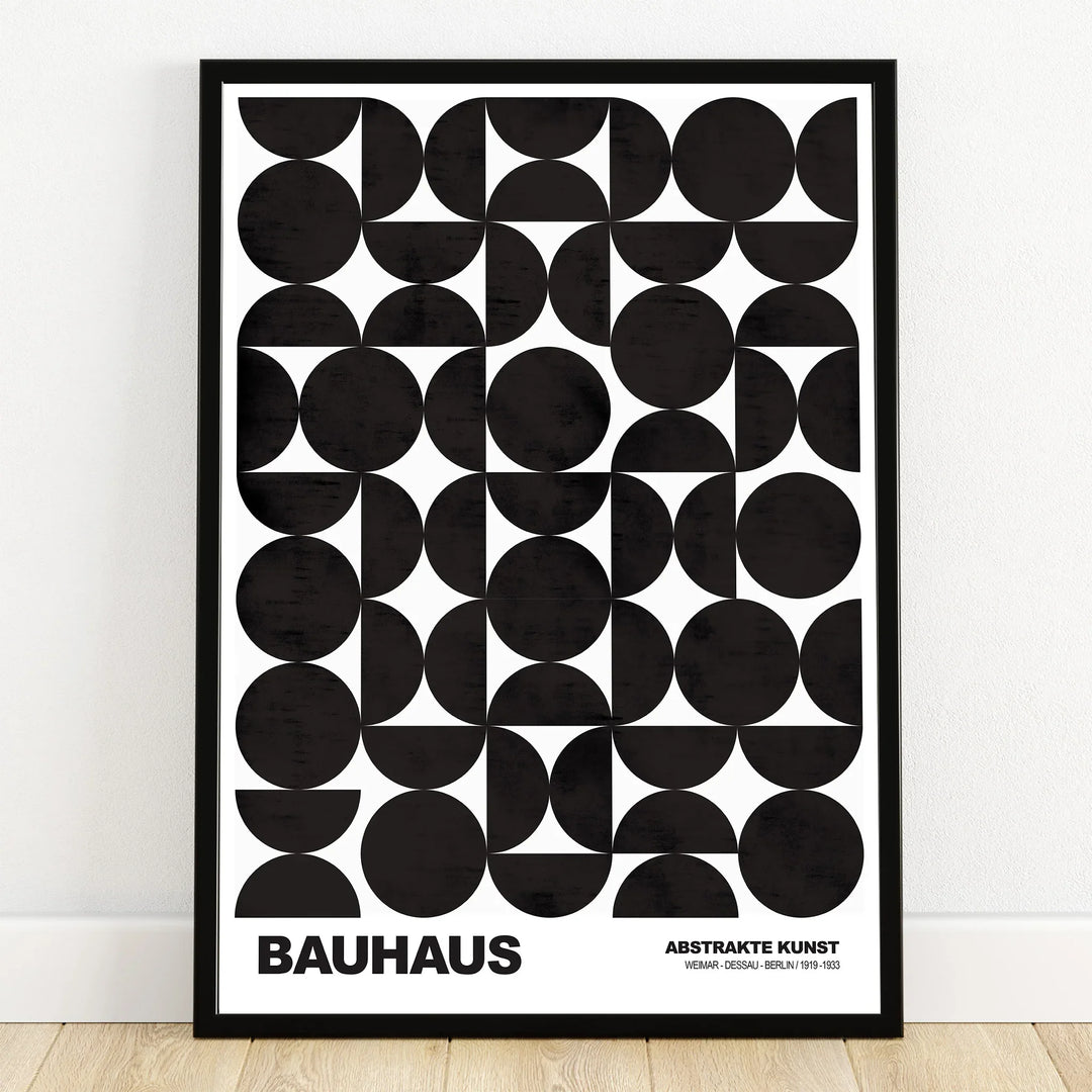 Bauhaus abstract art print with black geometric shapes in a black frame, modern wall decor