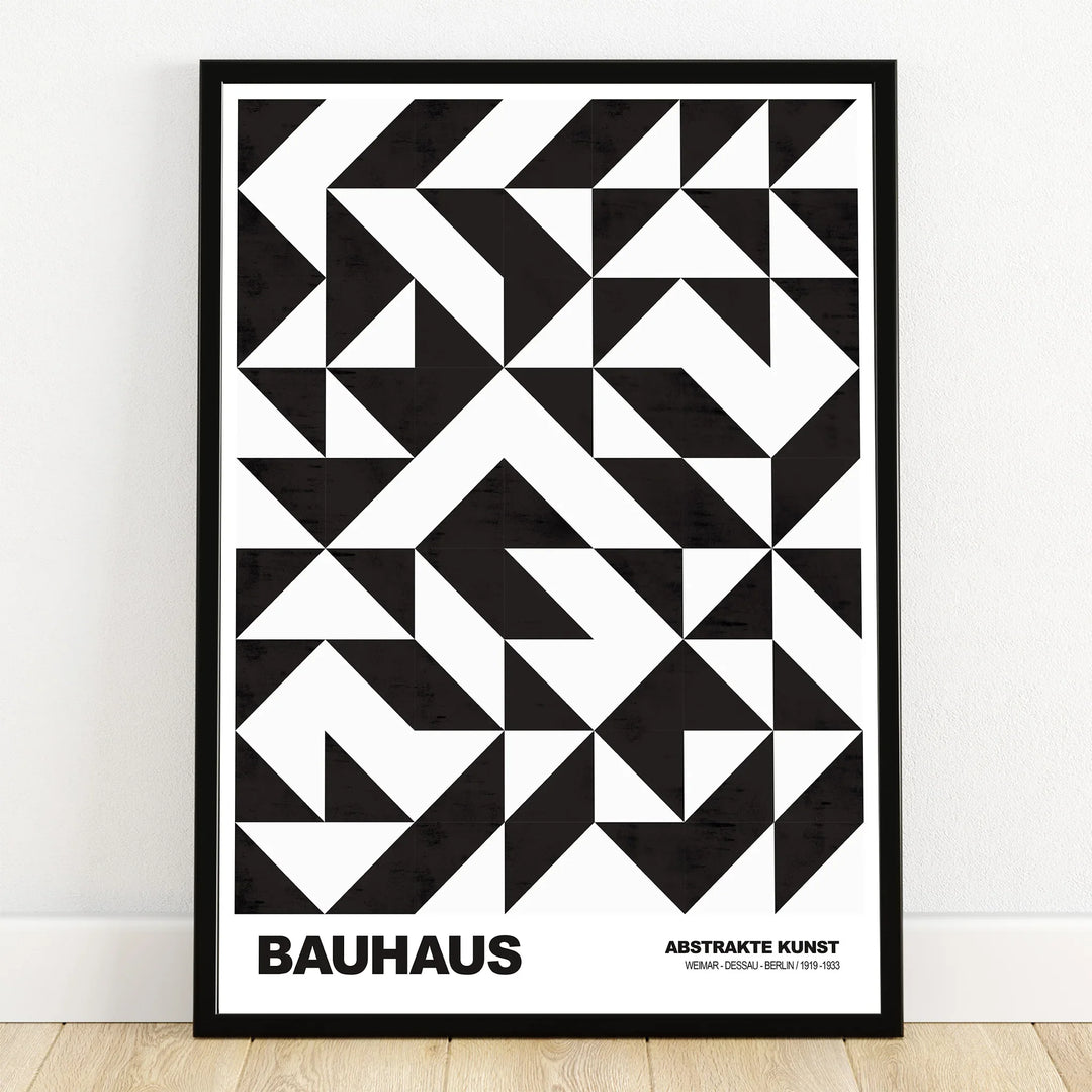 Bauhaus abstract wall art print with black geometric shapes in a modern black frame