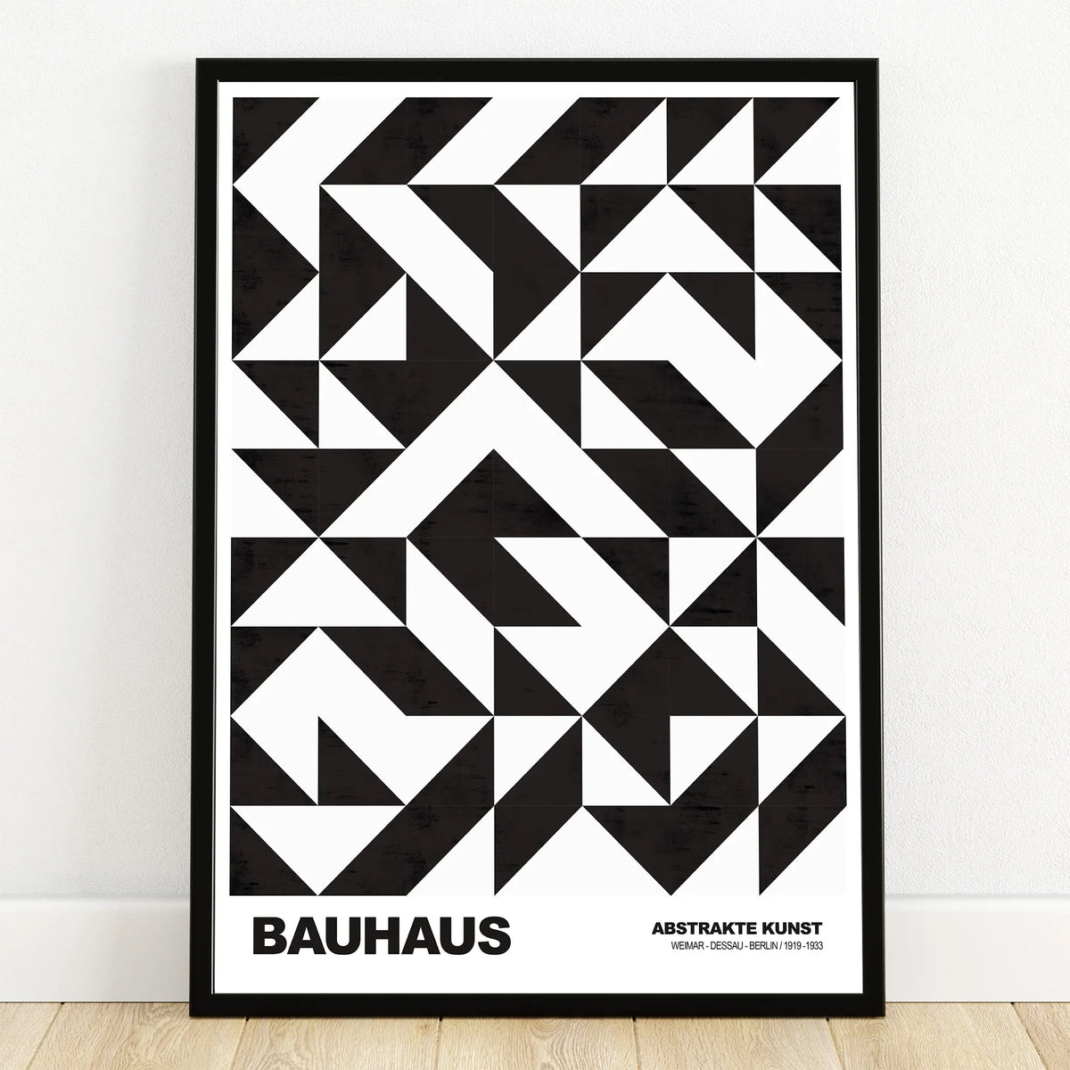 Bauhaus abstract wall art print with black geometric shapes in a modern black frame