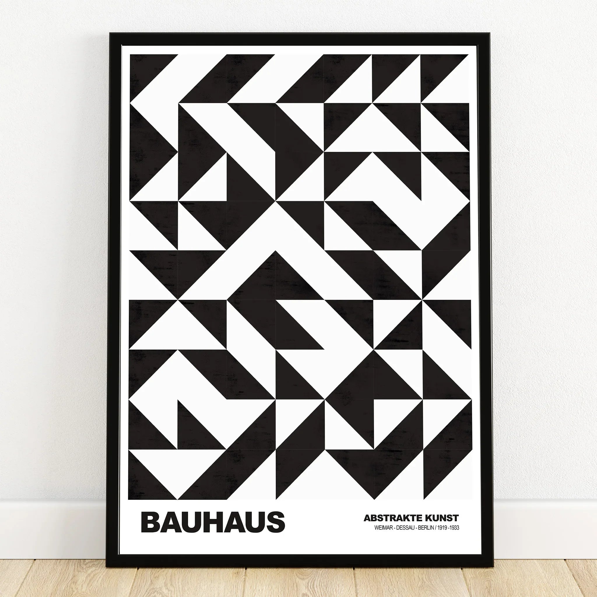 Bauhaus abstract wall art print with black geometric shapes in a modern black frame