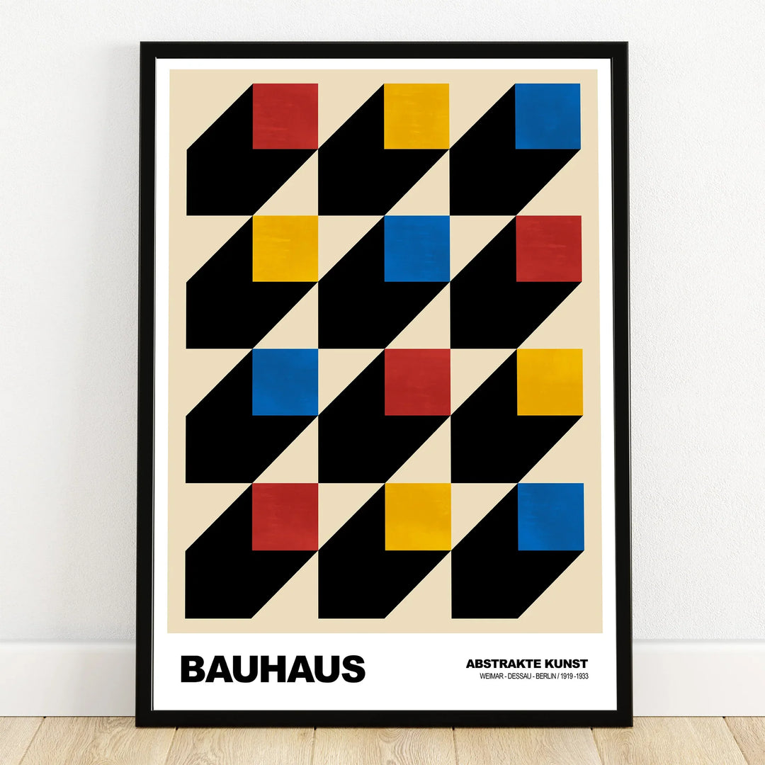 Bauhaus abstract art poster with red, yellow, and blue geometric squares and black shadows in a black frame