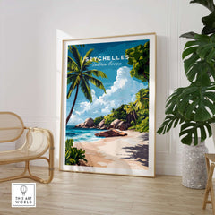 Beach Paradise Art - Seychelles Wall Poster featuring vibrant tropical scene with palm trees and serene beach.