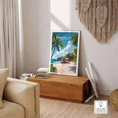 Beach Paradise Art - Seychelles Wall Poster featuring a vibrant tropical scene in a cozy room setting.