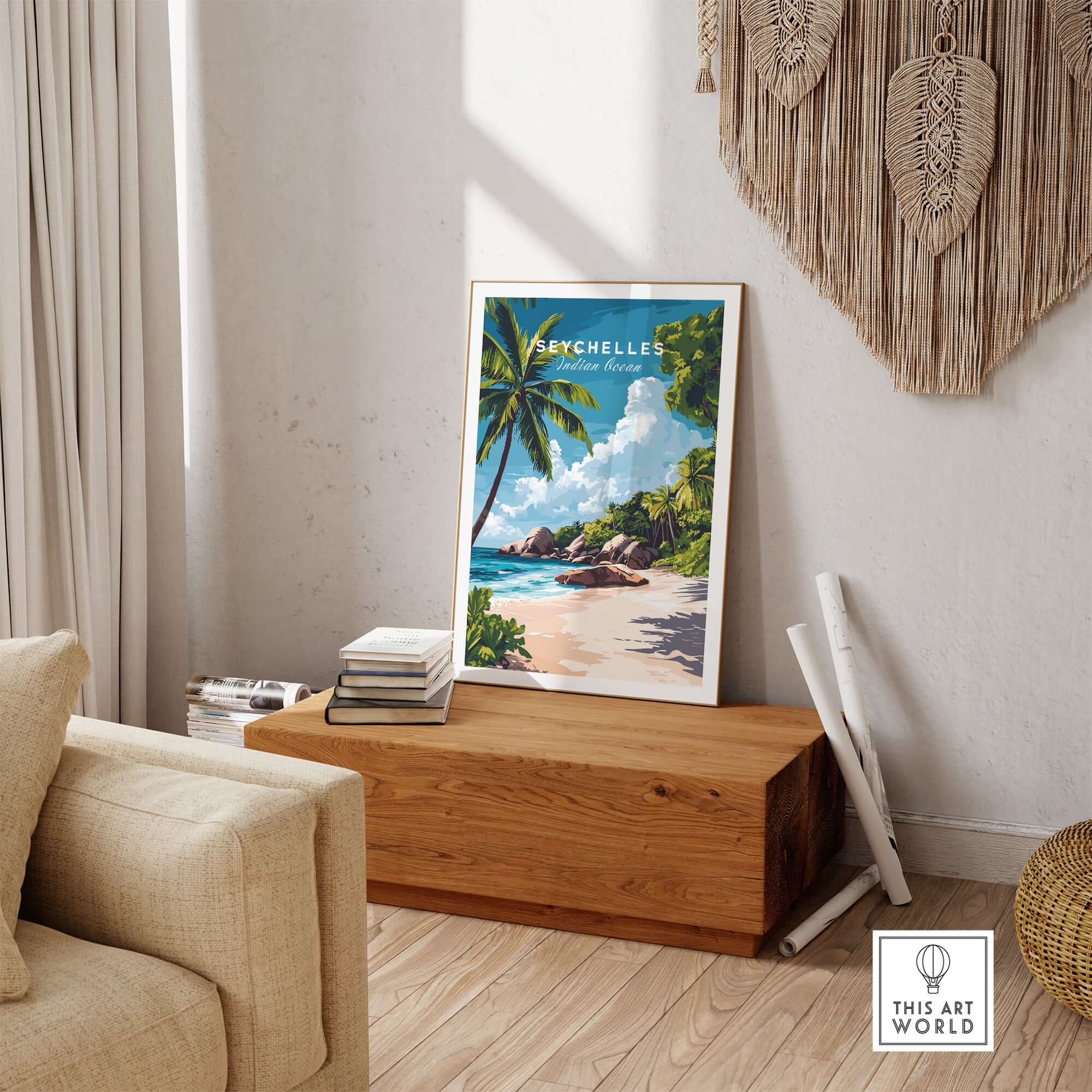 Beach Paradise Art - Seychelles Wall Poster featuring a vibrant tropical scene in a cozy room setting.