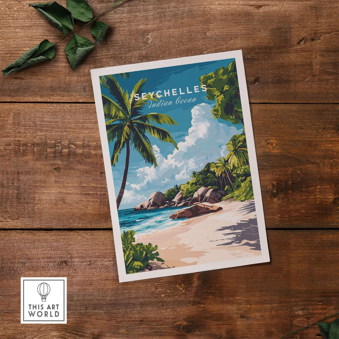 Seychelles wall poster featuring a vibrant tropical beach scene with palm trees and clear ocean waters.