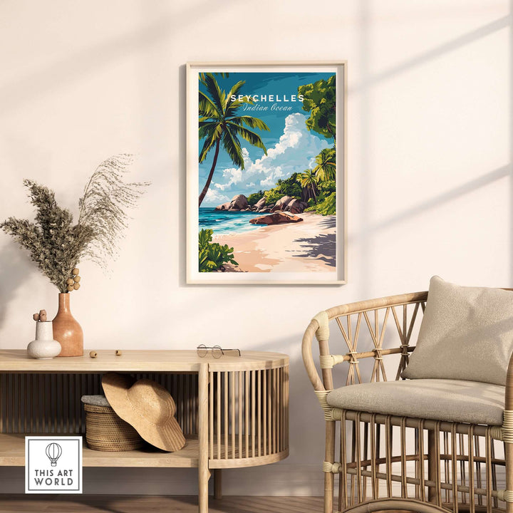 Seychelles wall poster featuring a tropical beach scene with palm trees and vibrant colors, perfect for home decor.