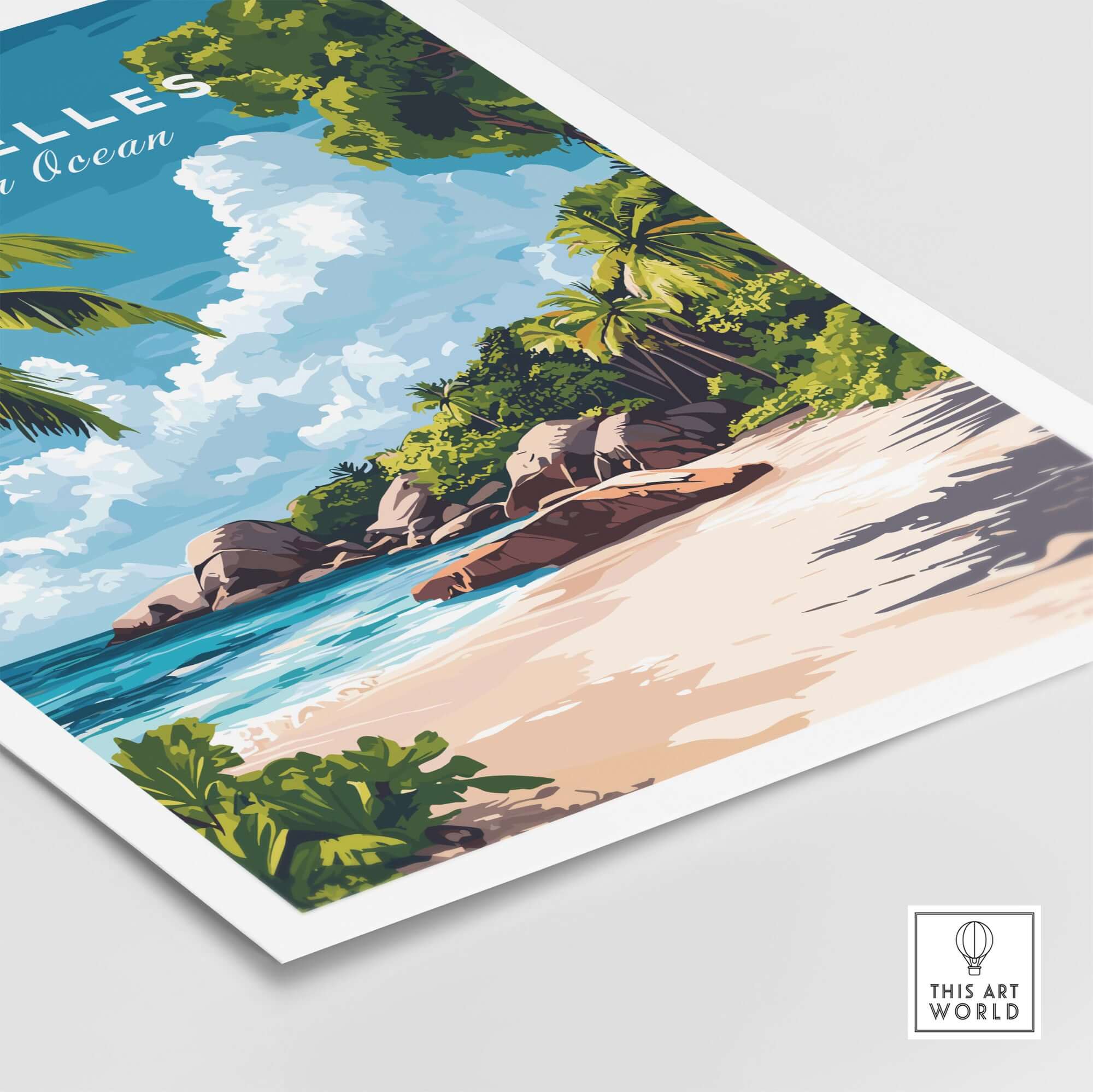 Beach Paradise Art - Seychelles Wall Poster displaying a vibrant beach scene with palm trees and clear ocean.