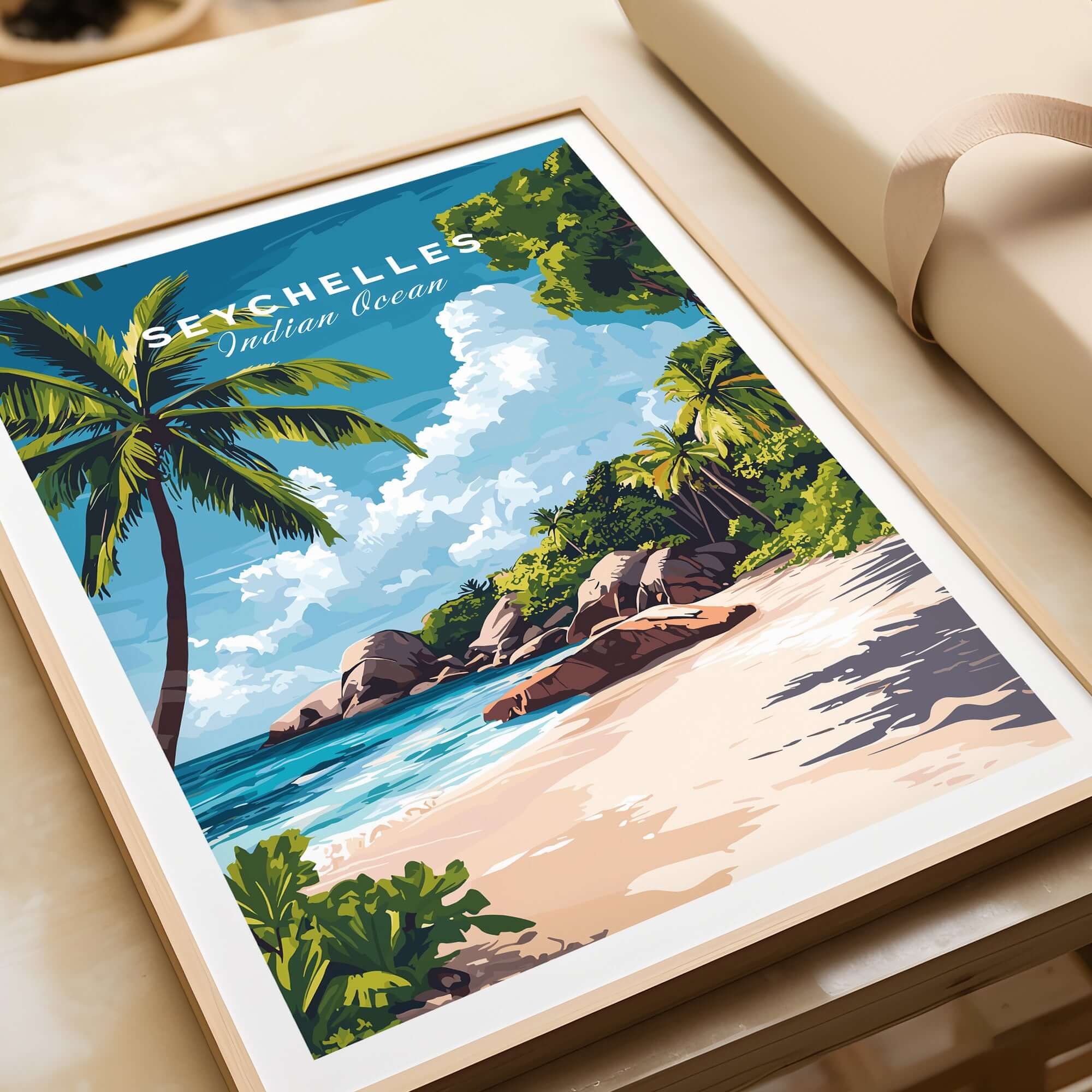 Beach Paradise Art - Seychelles Wall Poster showcasing a serene tropical beach scene with palm trees and vibrant colors.
