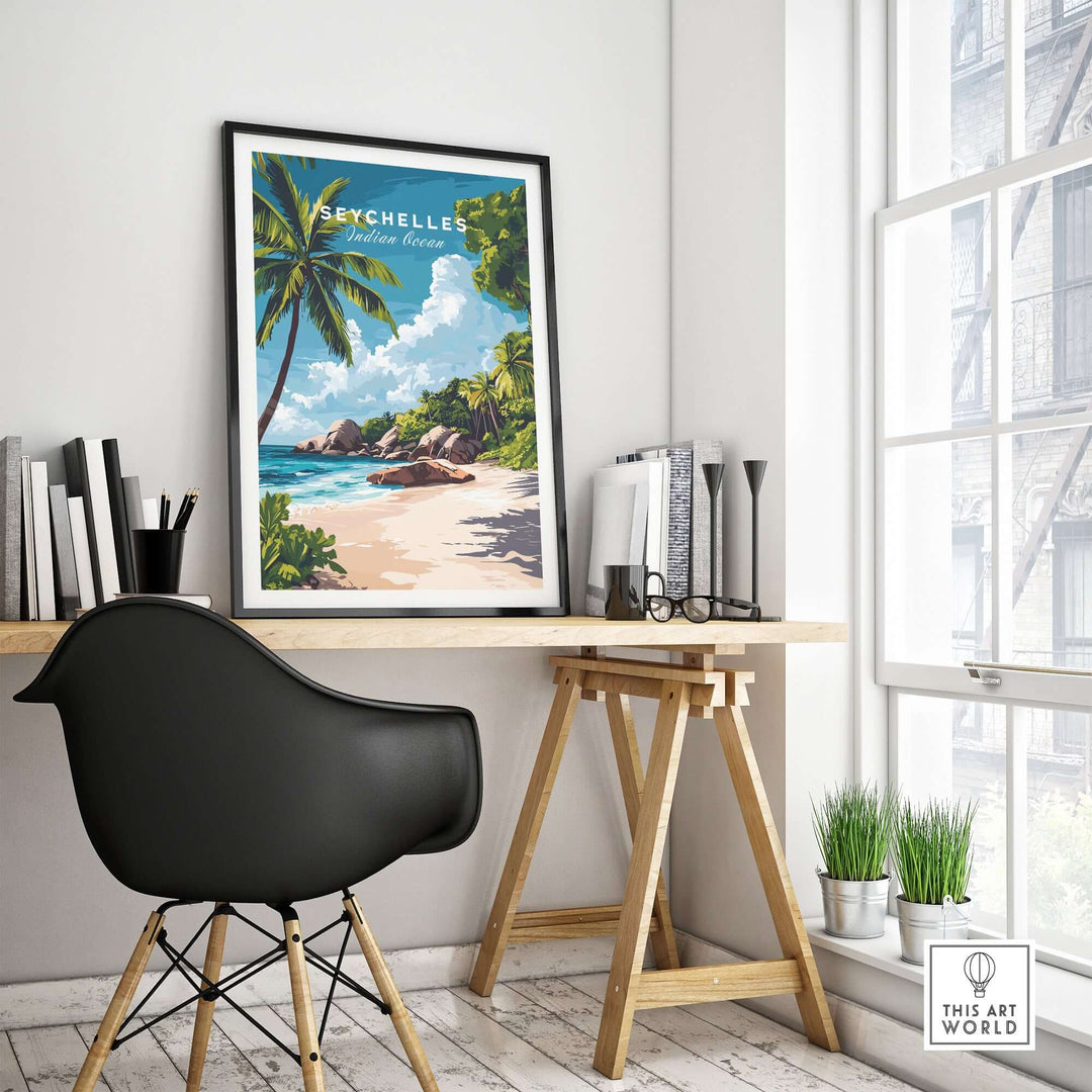 Seychelles wall poster showcased in a stylish workspace, featuring vibrant beach scene and tropical greenery.