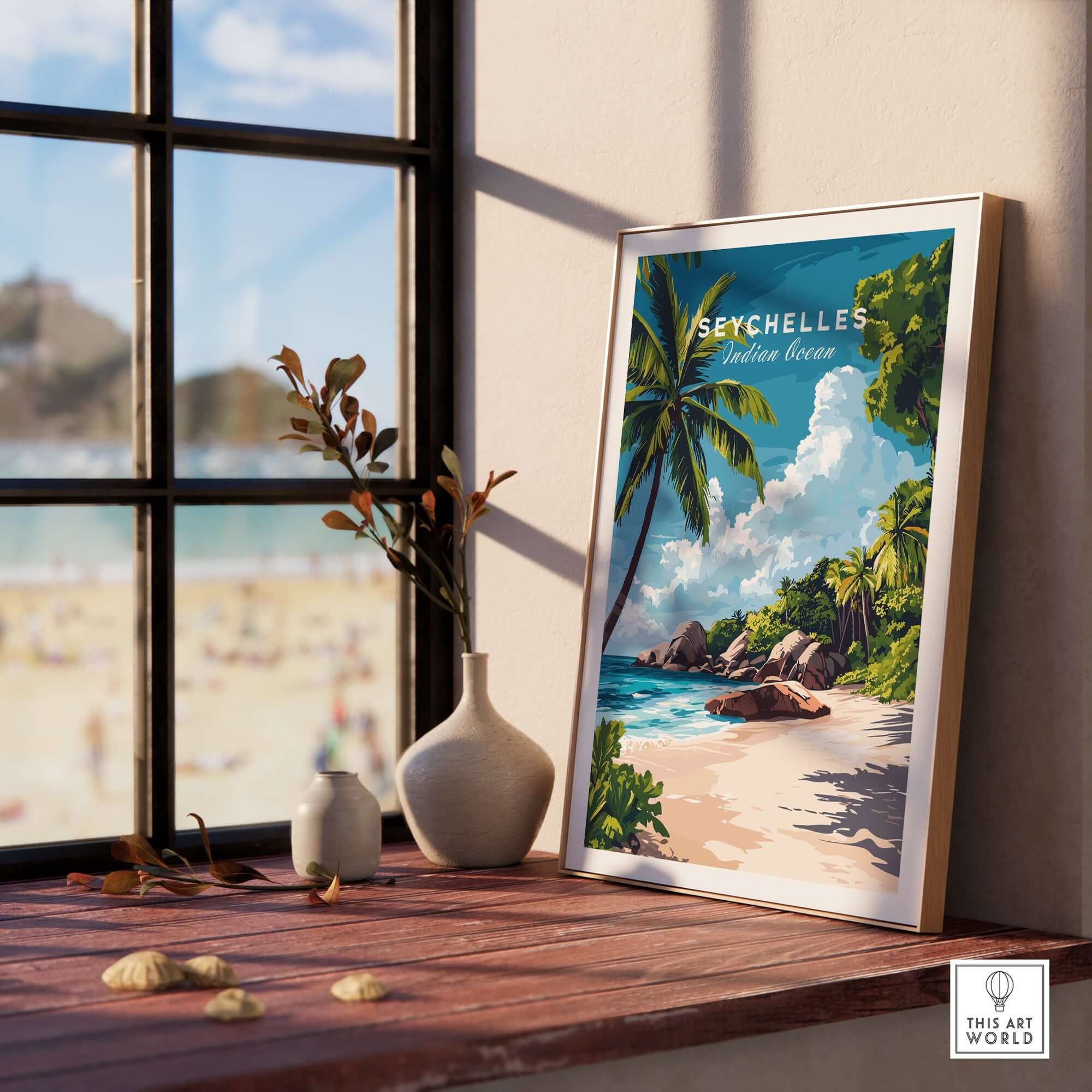 Beach Paradise Art - Seychelles Wall Poster displayed by a sunny window, showcasing a vibrant tropical beach scene.