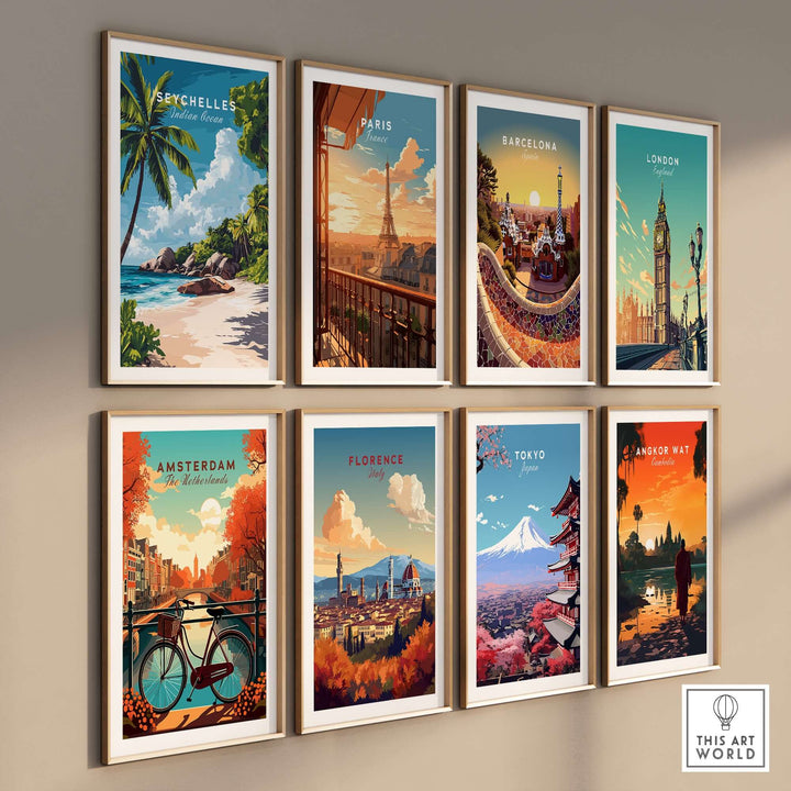 Colorful wall art featuring travel destinations like Seychelles, Paris, and Tokyo in vibrant poster designs.