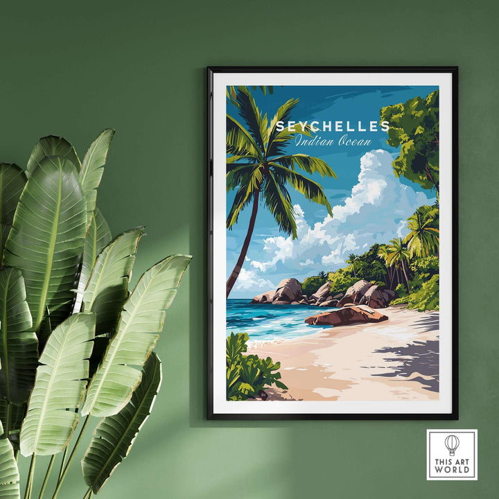 Vibrant Seychelles wall poster featuring a tranquil beach scene and tropical palm trees, perfect for serene home decor.