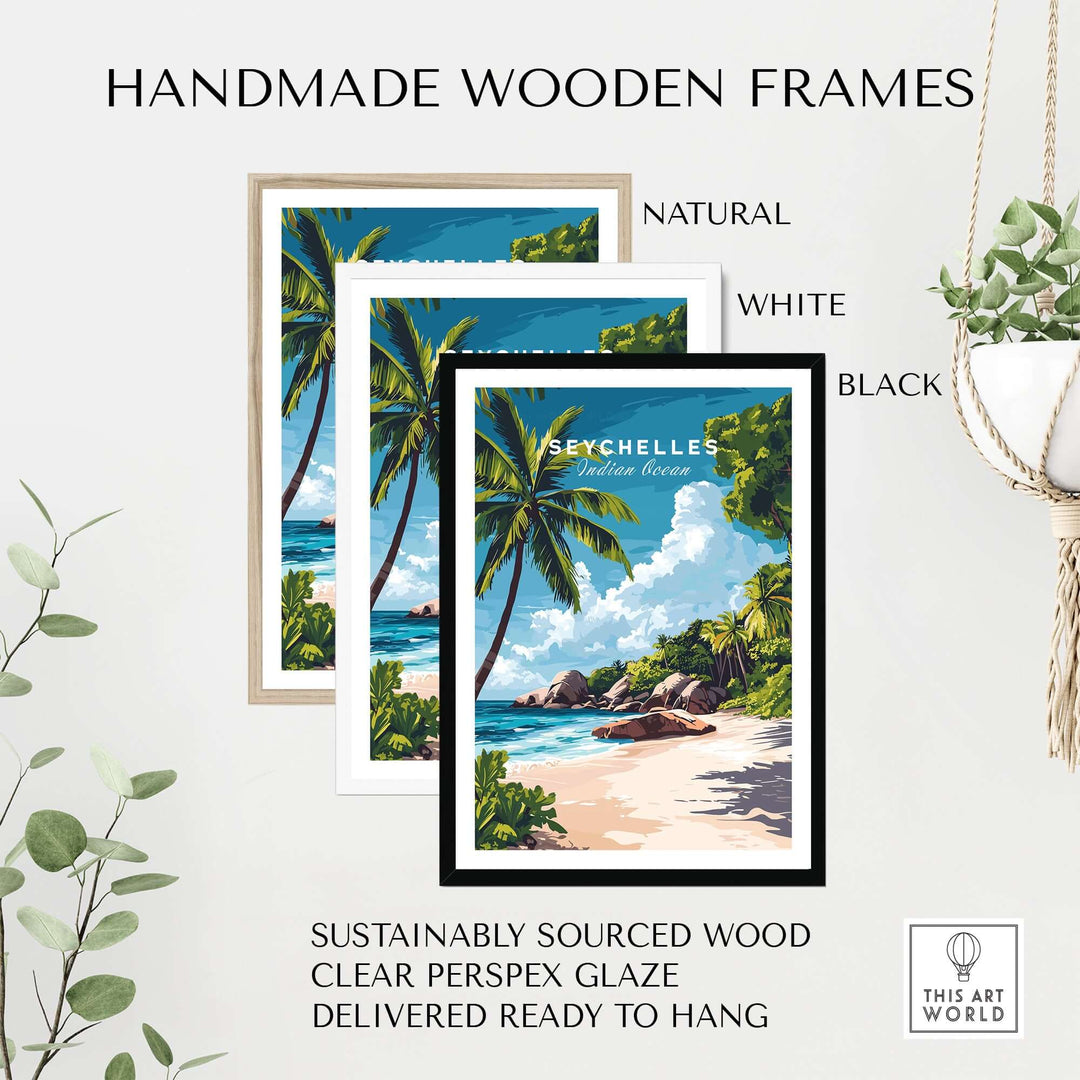 Handmade wooden frames in natural, white, and black for Seychelles Beach Paradise Art poster, ready to hang.