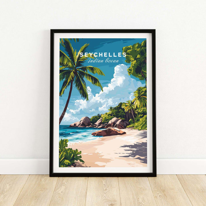 Vibrant Seychelles wall poster depicting a tranquil beach scene with palm trees and rocky coast.