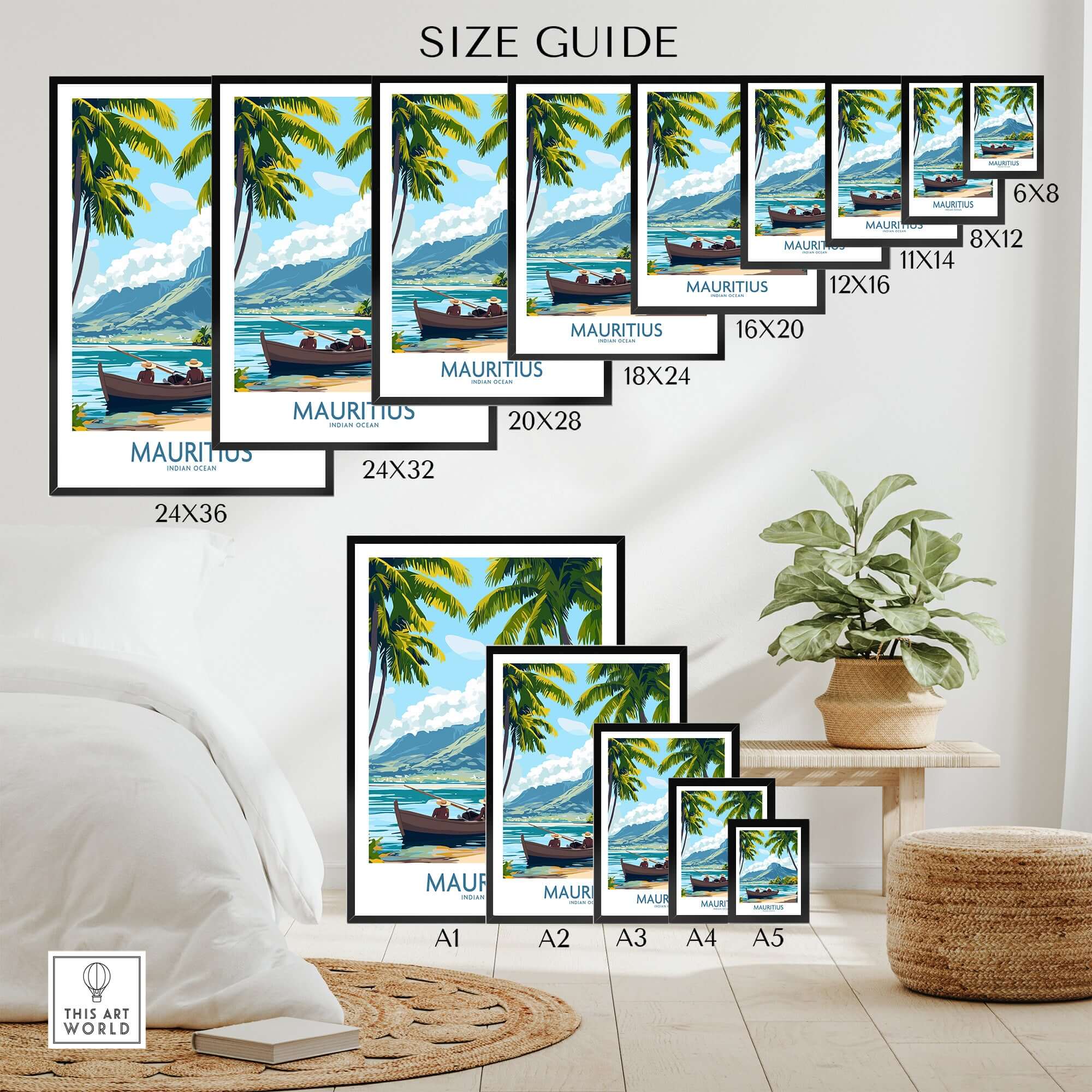 Beach Scene Wall Art - Mauritius Island Dream Poster size guide with different frame options and tropical scenery.