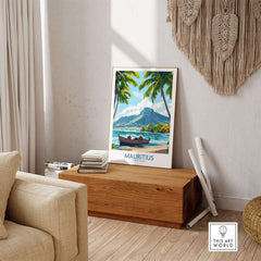 Beach Scene Wall Art - Mauritius Island Dream Poster with tropical palms and clear water in a cozy setting.