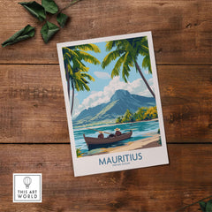 Beach Scene Wall Art - Mauritius Island Dream Poster featuring a boat on a tropical beach with palm trees.