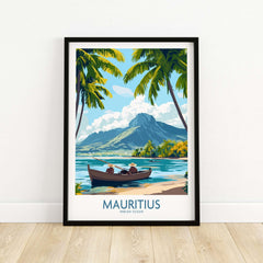 Beach Scene Wall Art - Mauritius Island Dream Poster featuring a serene beach with palm trees and a mountain backdrop.