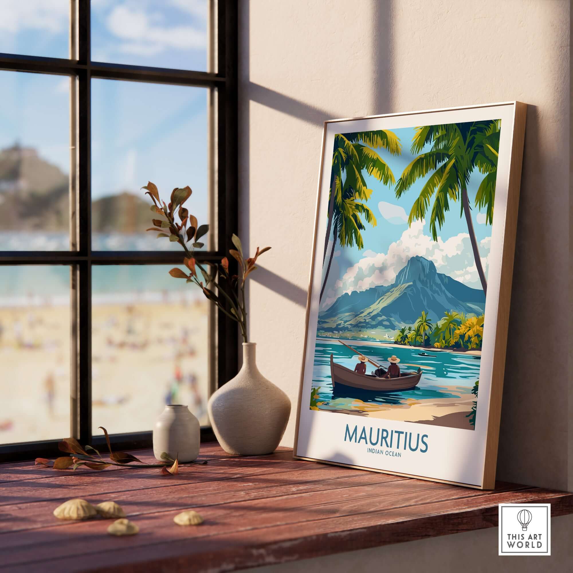 Beach Scene Wall Art - Mauritius Island Dream Poster displayed by a window featuring a tropical landscape and lively ocean view.