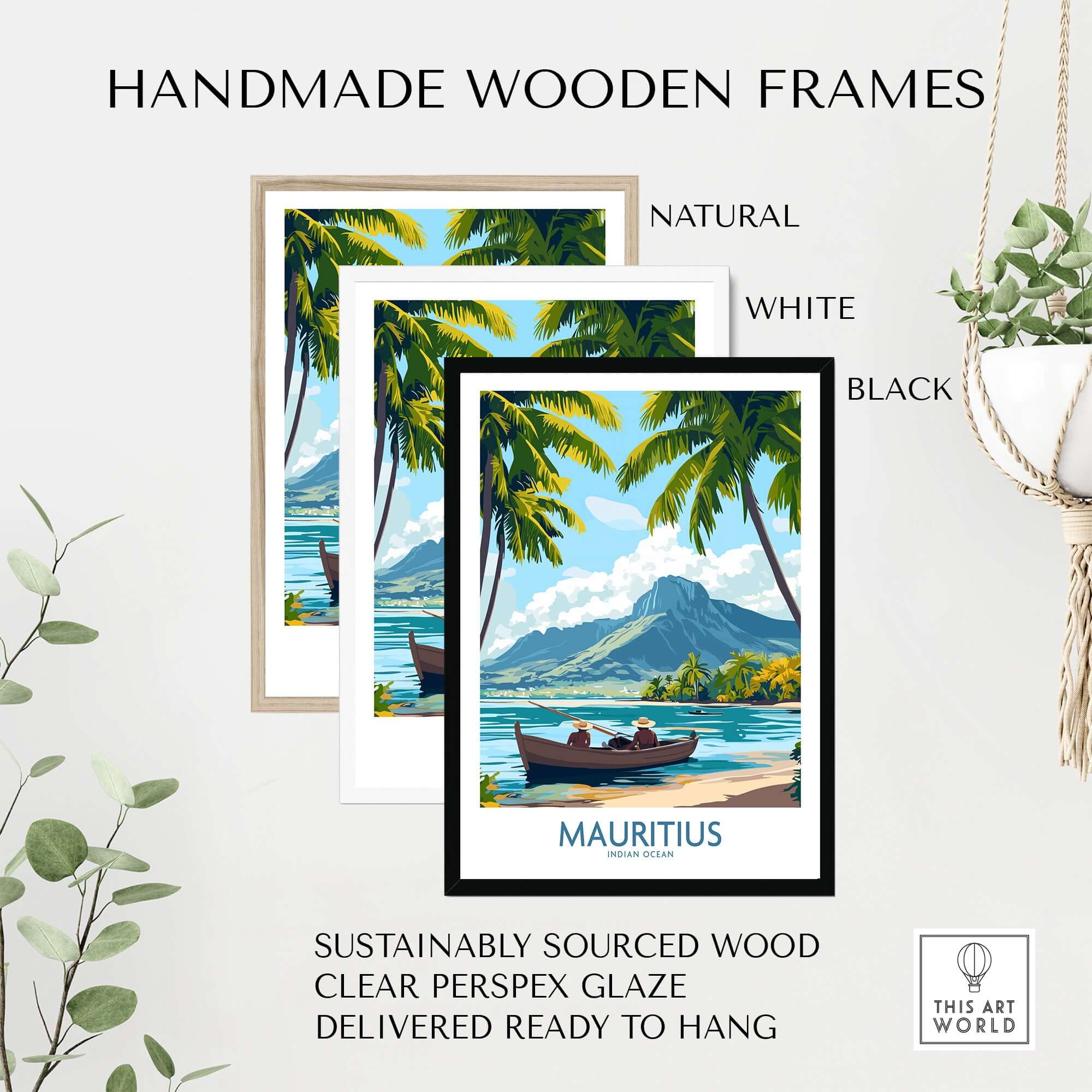 Beach Scene Wall Art - Mauritius Island Dream Poster framed in handmade natural, white, and black wooden frames.