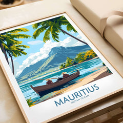 Beach Scene Wall Art - Mauritius Island Dream Poster featuring a scenic view of Mauritius with a boat and tropical palms.