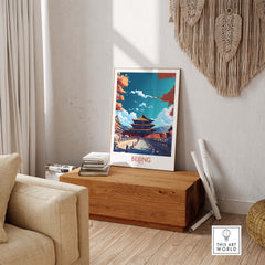 Beijing wall art poster featuring modern design and vibrant architecture displayed in a stylish living room.
