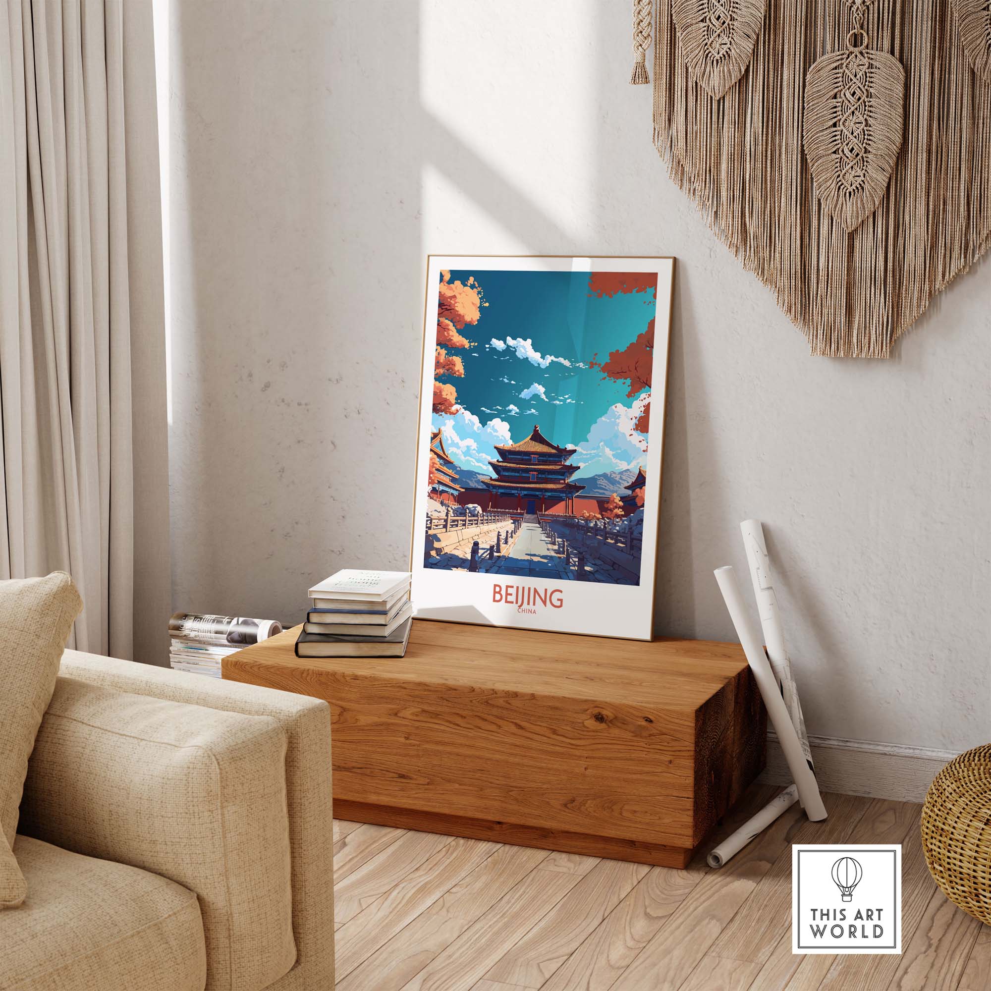 Beijing wall art poster featuring modern design and vibrant architecture displayed in a stylish living room.