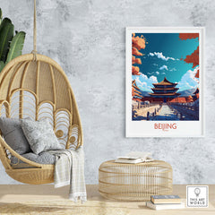 Beijing Wall Art poster featuring vibrant architecture, modern decor in a stylish living room setting.