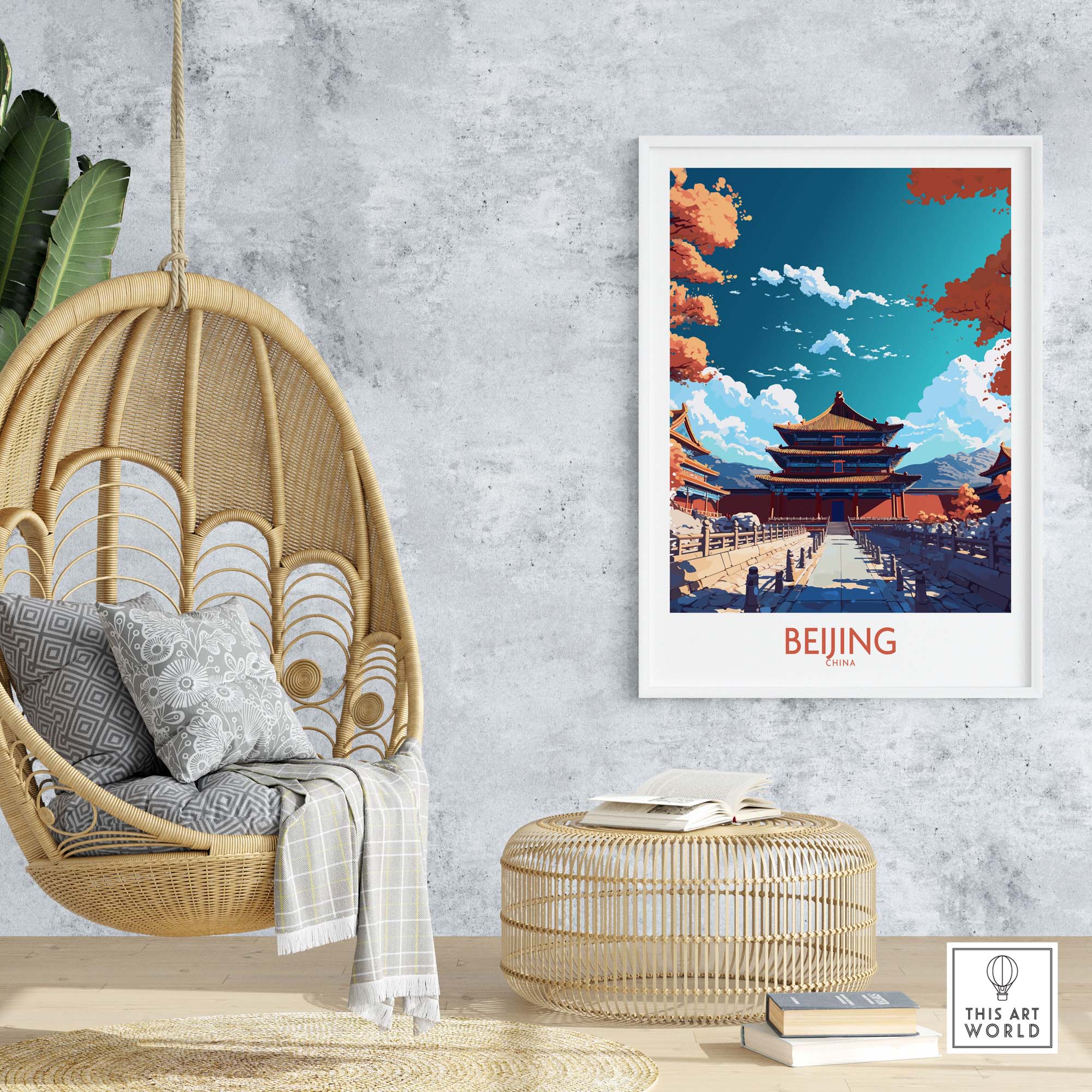 Beijing Wall Art poster featuring vibrant architecture, modern decor in a stylish living room setting.
