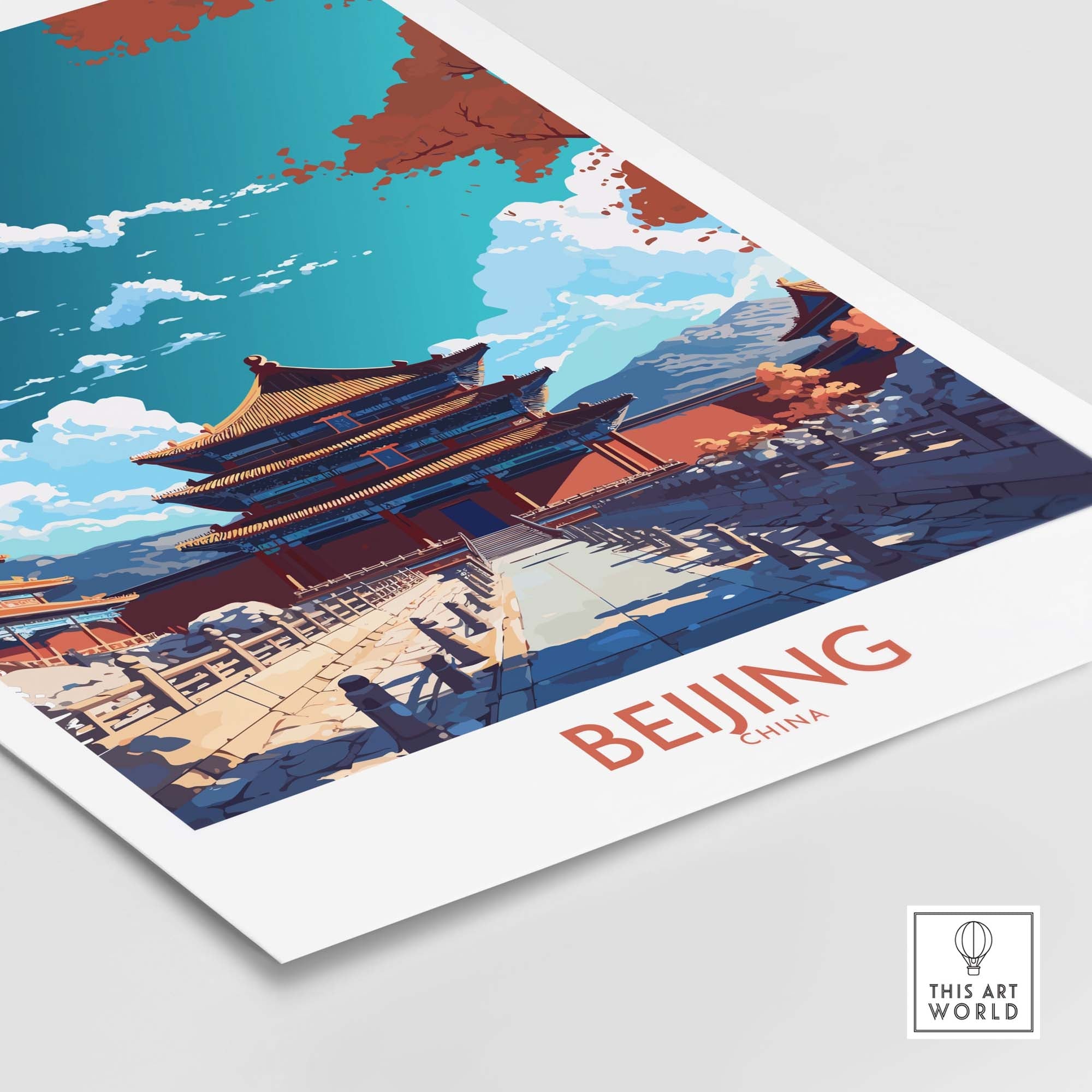 Modern Beijing wall art print featuring colorful architecture and serene landscape, perfect for home decor.