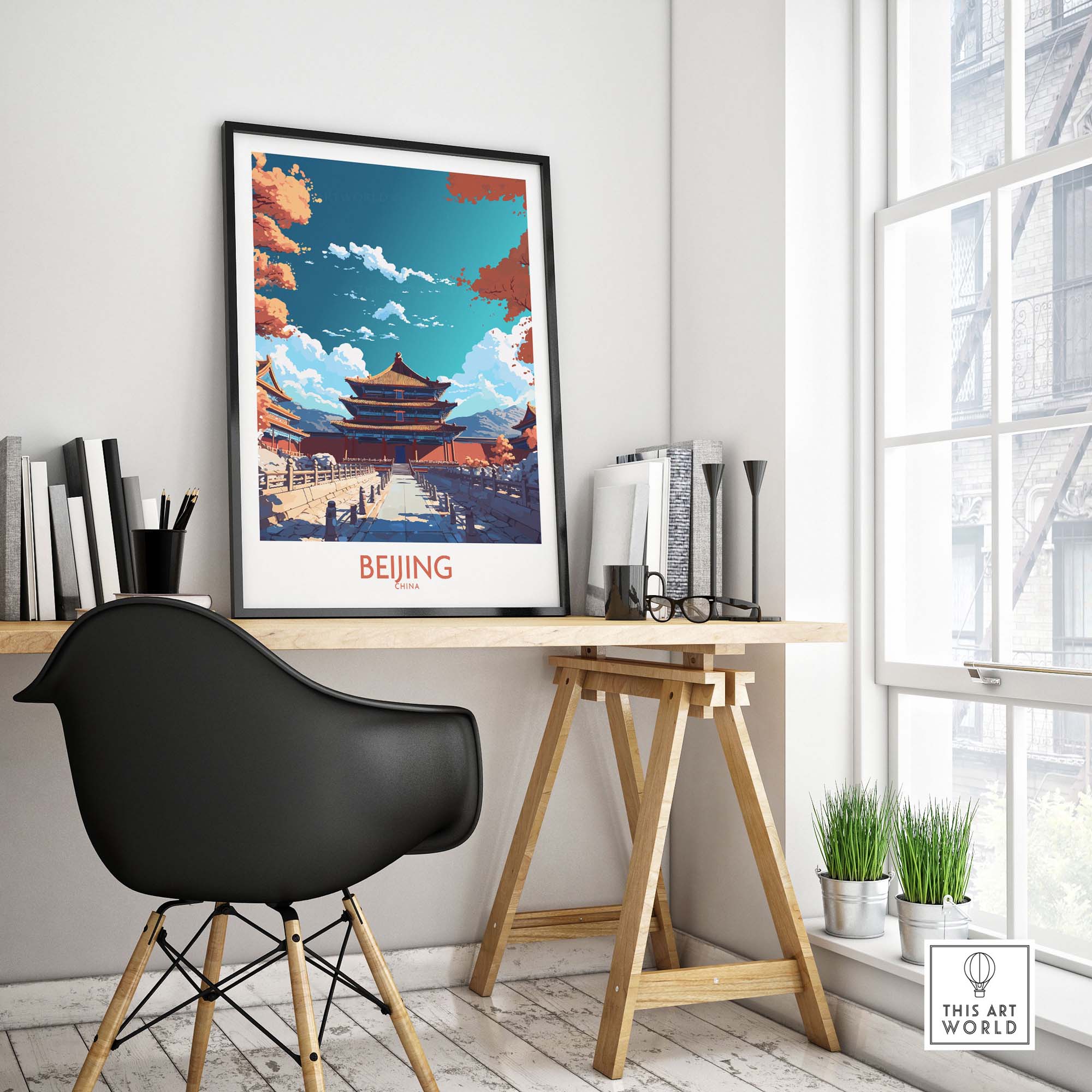 Beijing wall art in modern style displayed in a cozy room, enhancing home decor with vibrant architectural details.