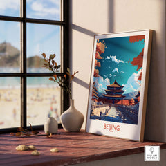 Framed Beijing Wall Art poster on a windowsill, showcasing modern style architecture and vibrant colors.