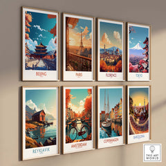 Collection of vibrant city posters featuring Beijing, Paris, Florence, Tokyo, Reykjavik, Amsterdam, Copenhagen, and Barcelona.