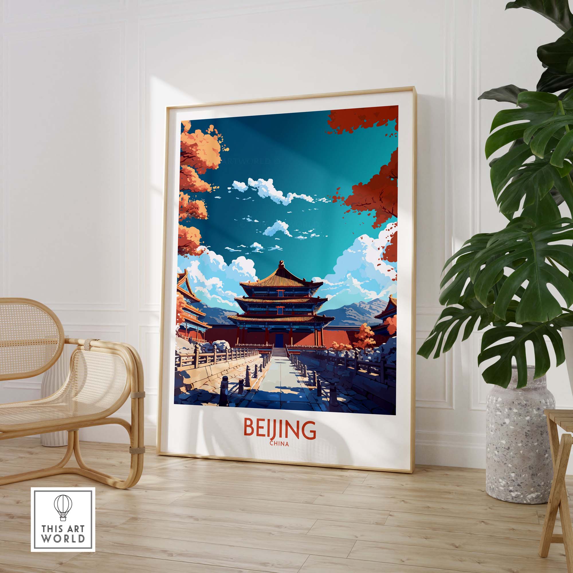 Beijing Wall Art print featuring modern architecture and vibrant colors, ideal for home decor.