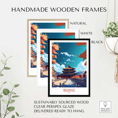 Handmade wooden frames for Beijing wall art in natural, white, and black colors, showcasing modern decor.