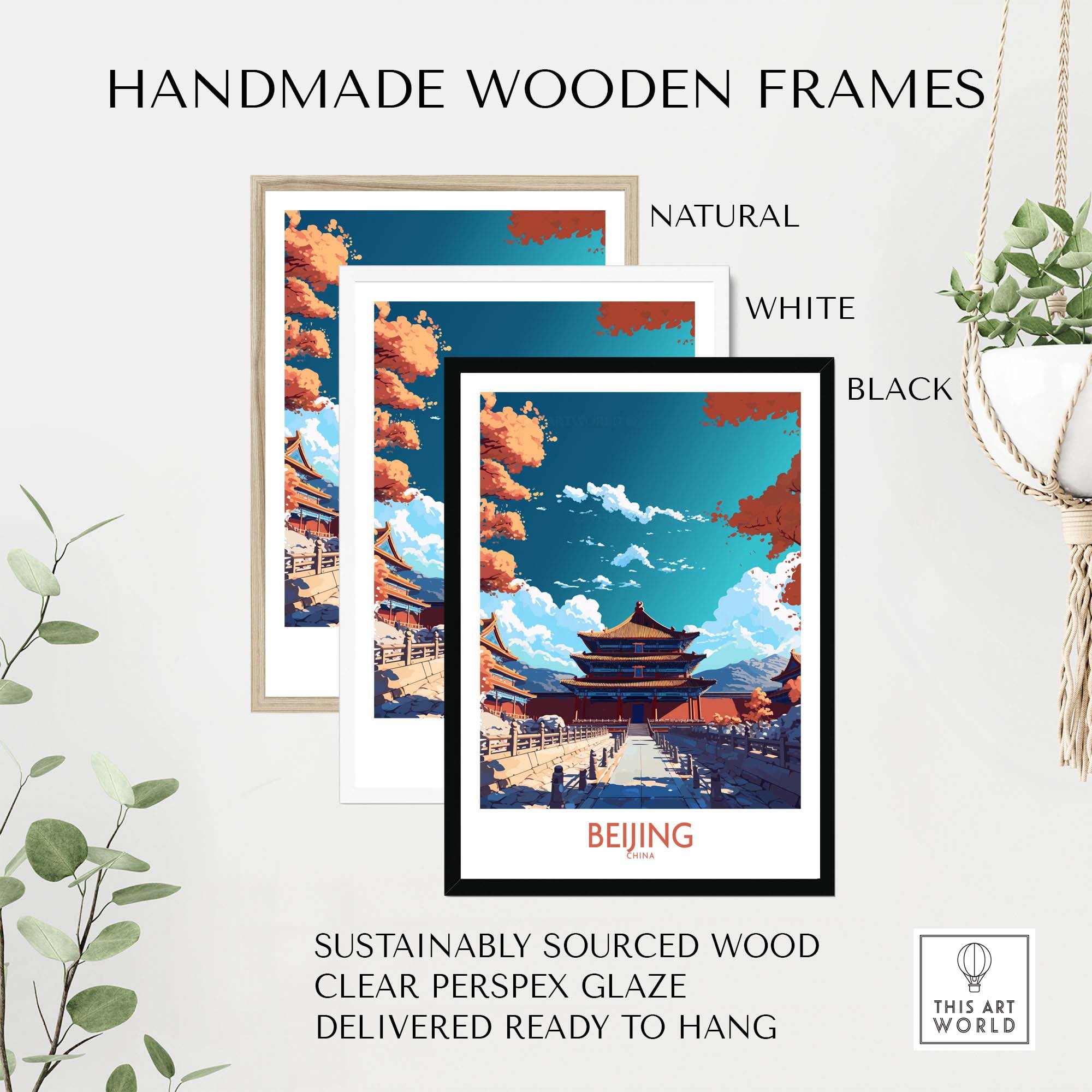 Handmade wooden frames for Beijing wall art in natural, white, and black colors, showcasing modern decor.