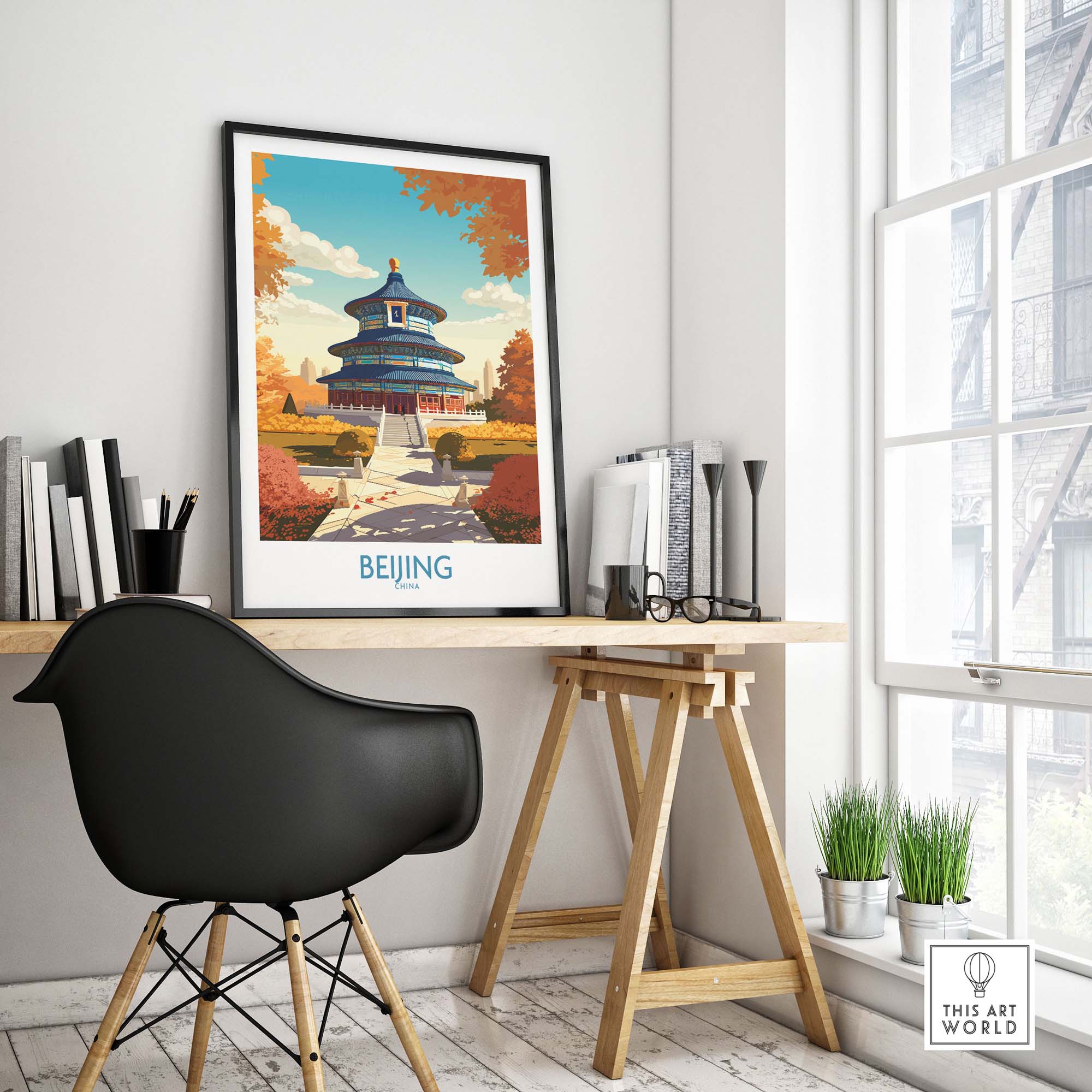 Beijing art print featuring the Temple of Heaven, modern style decor in a stylish workspace setting.