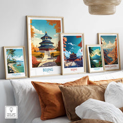 Modern Beijing Art Prints displayed in stylish frames on a wall, showcasing cultural landmarks and scenic views.