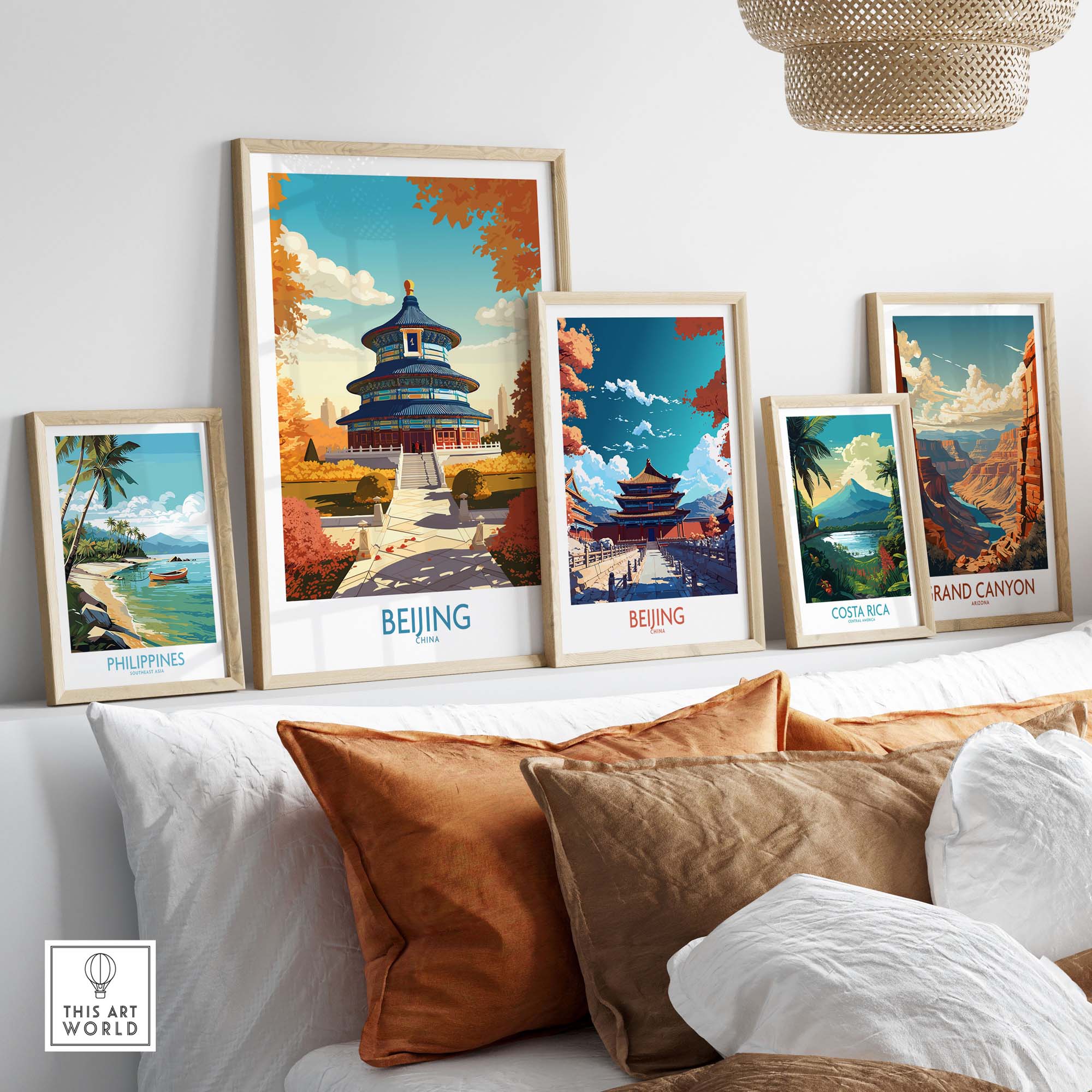 Modern Beijing Art Prints displayed in stylish frames on a wall, showcasing cultural landmarks and scenic views.
