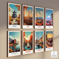 Wall display of travel art prints including Beijing, Paris, Florence, Tokyo, Reykjavik, Amsterdam, Copenhagen, and Barcelona.