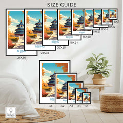 Size guide for Beijing Art Print showcasing various dimensions and styles in a modern home setting.