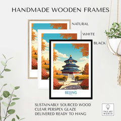 Beijing art print framed in natural, white, and black designs with handmade wooden frames.