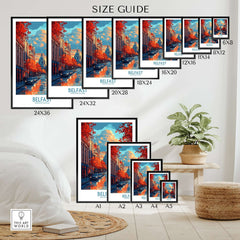 Size guide for Belfast Travel Poster showing various frame sizes and design options in a cozy interior setting.