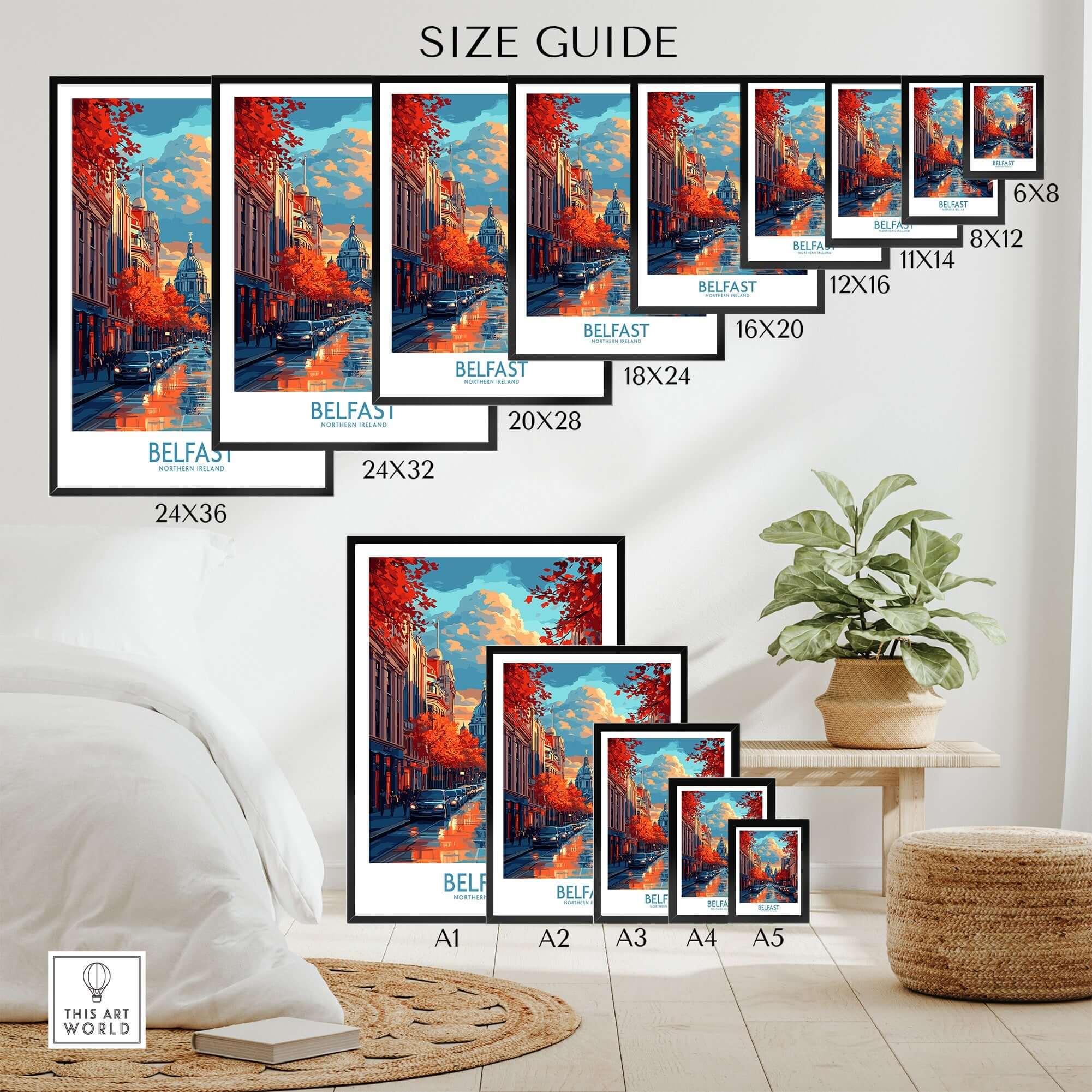 Size guide for Belfast Travel Poster showing various frame sizes and design options in a cozy interior setting.