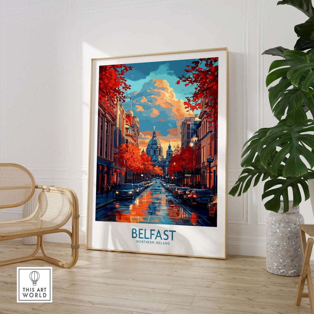 Belfast travel poster showcasing vibrant city scene with autumn colors and historic architecture in Northern Ireland.