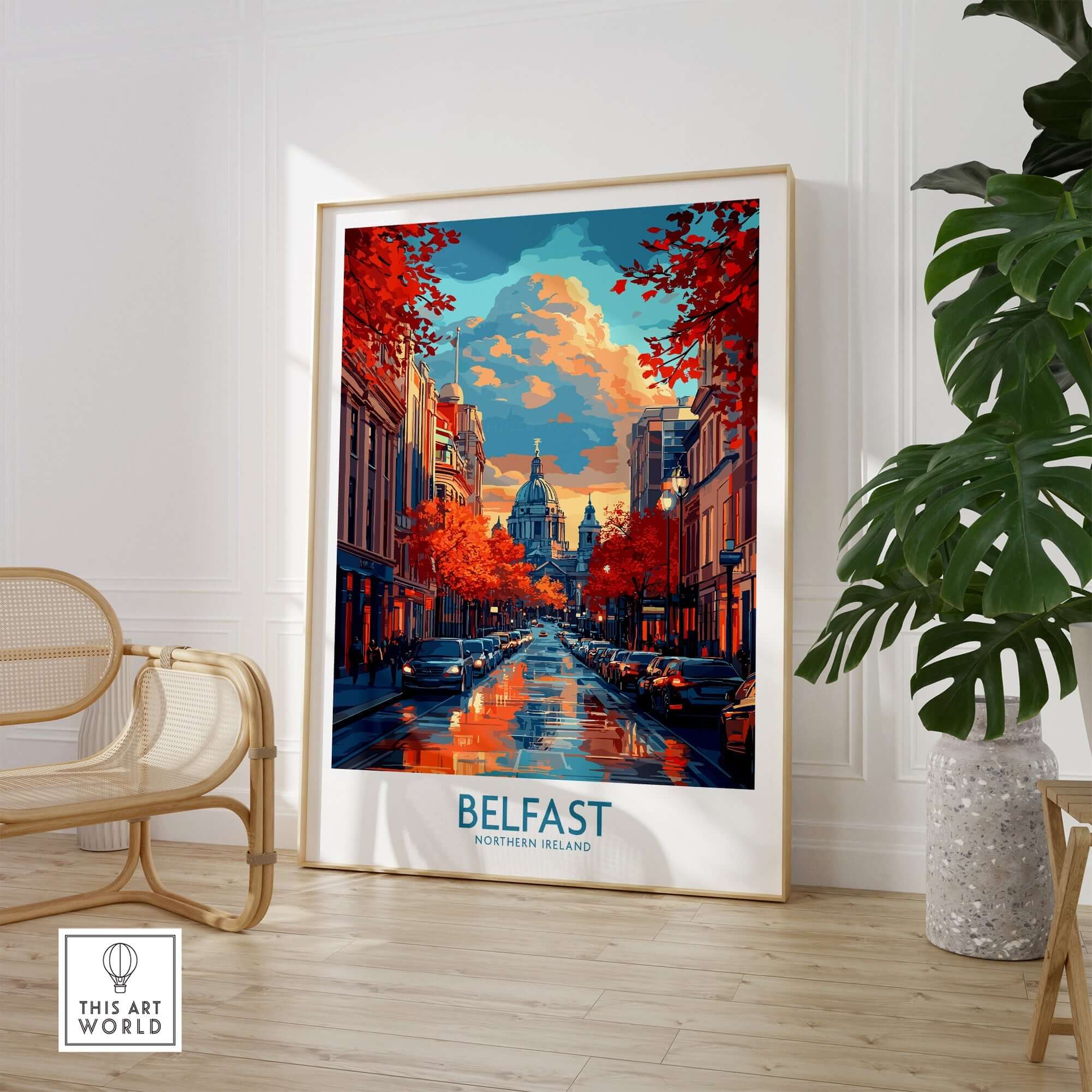 Belfast Travel Poster showcasing vibrant city scenery and autumn colors in Northern Ireland.