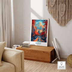 Belfast Travel Poster showcasing vibrant city scenery with autumn colors and a scenic canal, perfect for home decor.