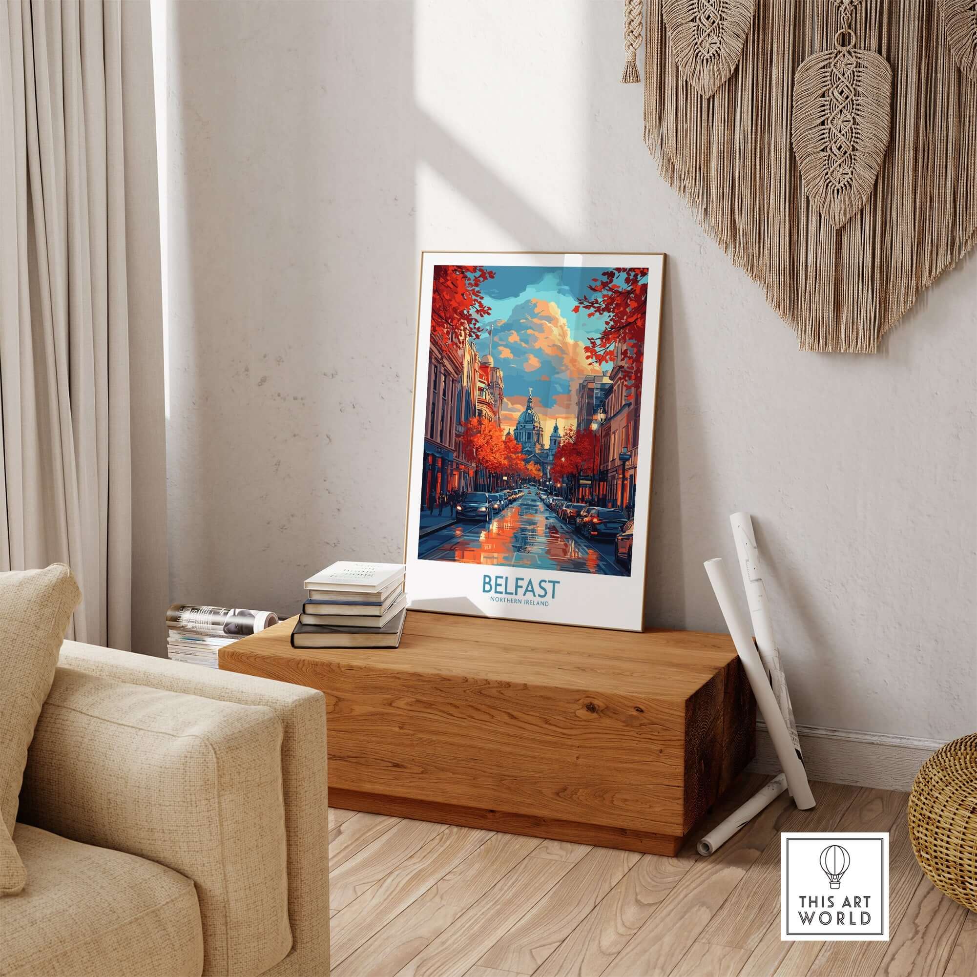 Belfast Travel Poster showcasing vibrant city scenery with autumn colors and a scenic canal, perfect for home decor.