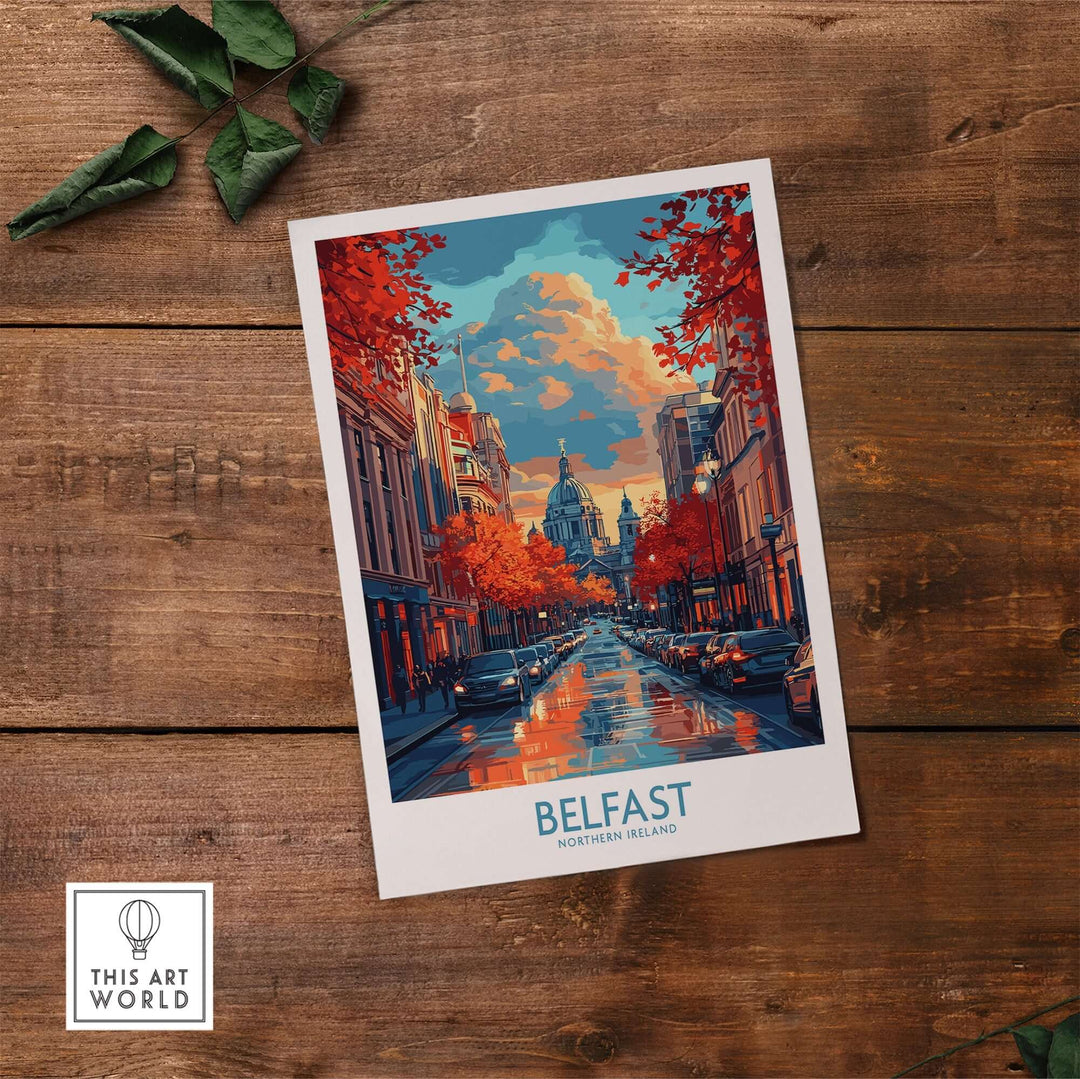 Colorful Belfast travel poster showcasing city streets and autumn scenery, perfect for decor or a thoughtful gift.