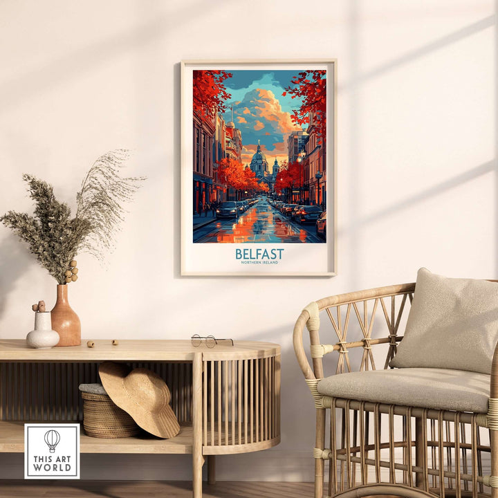 Vibrant Belfast travel poster hung in a stylish living room, showcasing autumn colors and iconic city scenery.